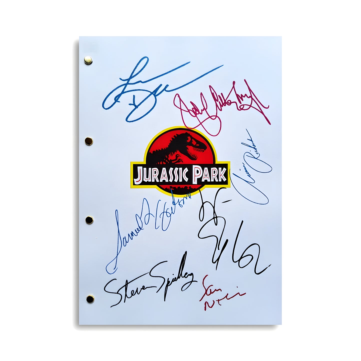 Portada del guion de la pelicula Jurassic Park con la firma de 7 miembros del elenco tutiendadecine.com