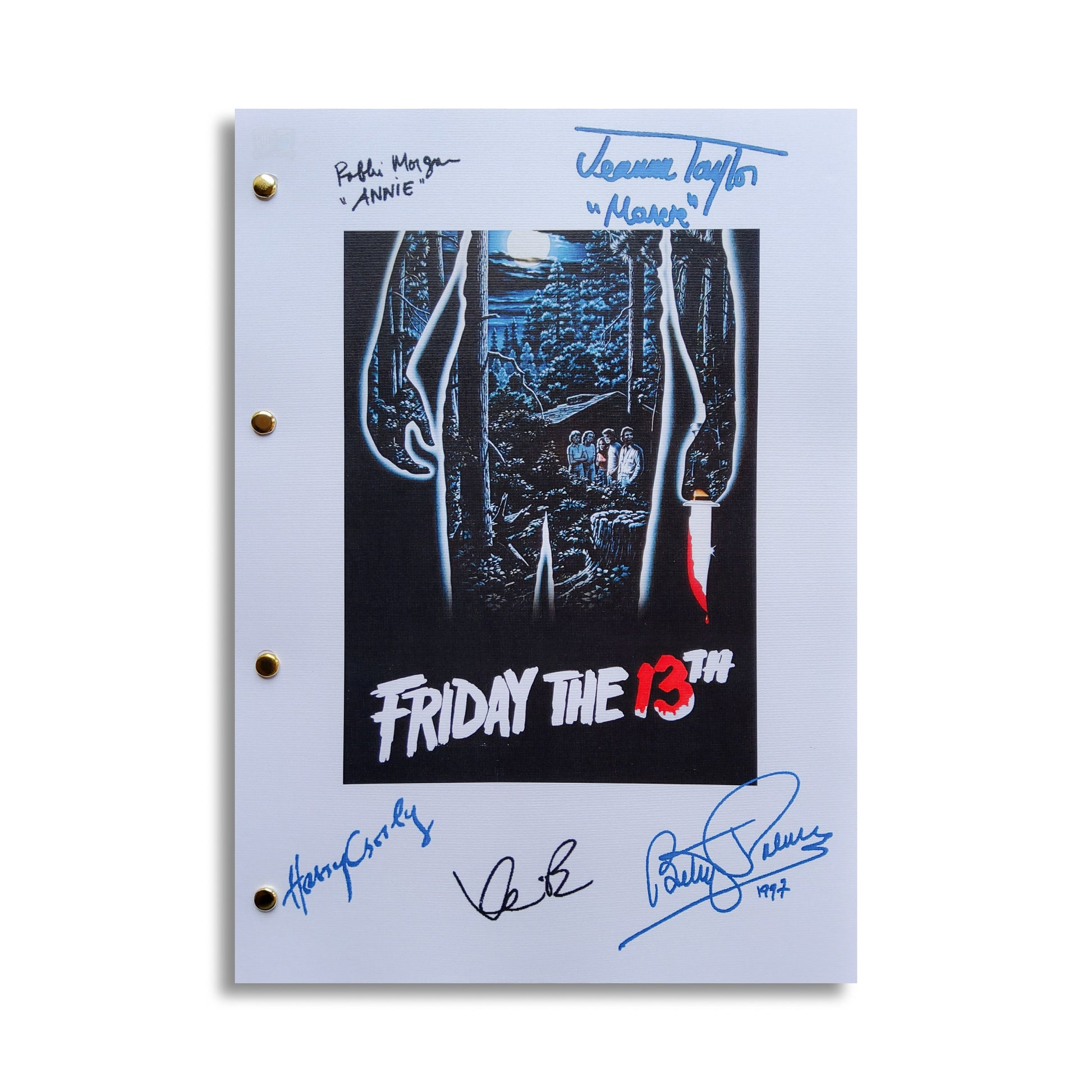Portada del guion de FRIDAY THE 13 con la firma de 5 miembros del elenco tutiendadecine.com