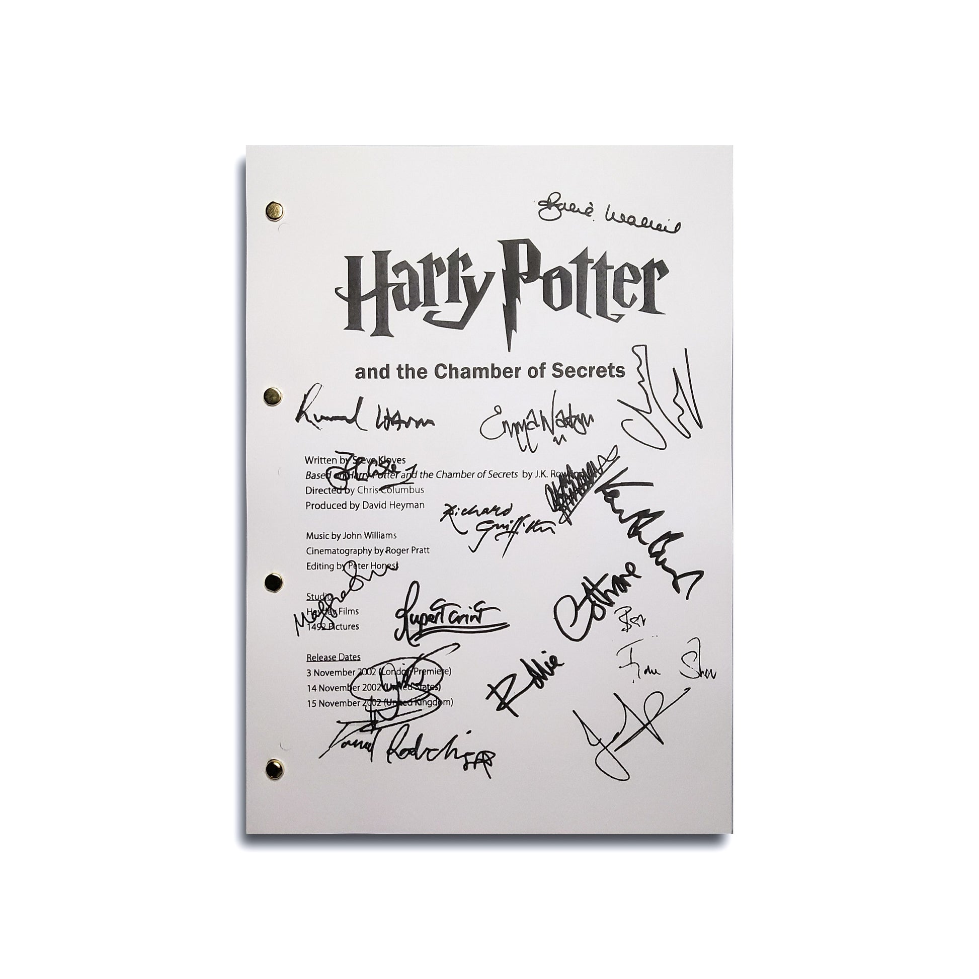 Portada del guion de Harry Potter y la camara secreta firmado por 15 miembros del elenco tutiendadecine.com