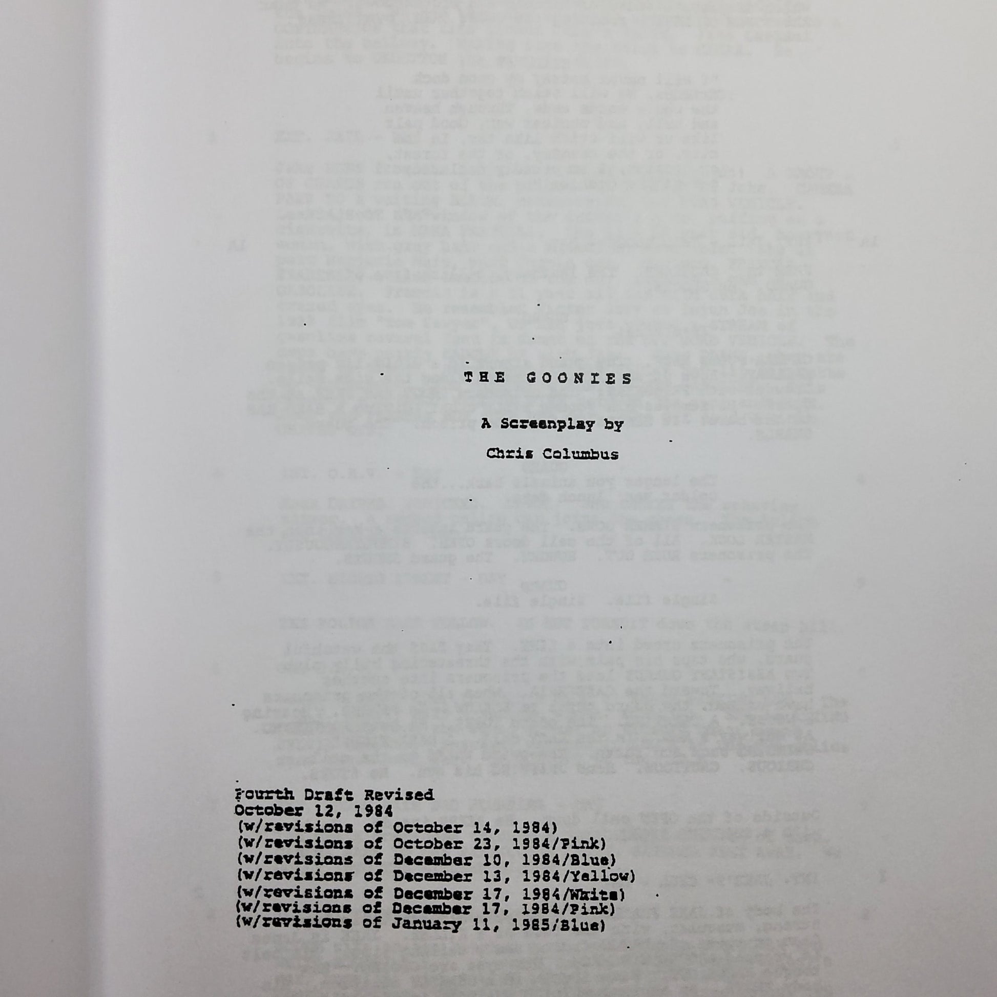 Guion firmado de Los Goonies. Primera pagina del guion 